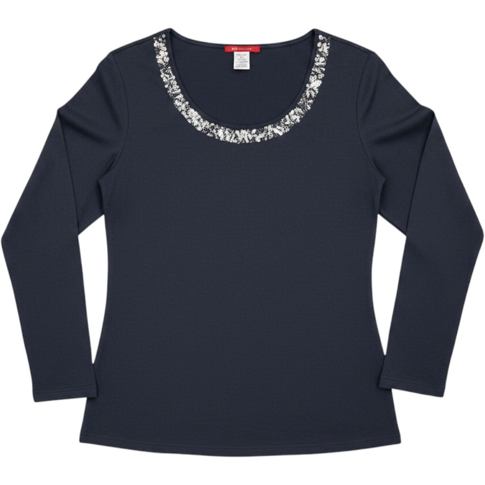 Anne Klein Sequin Scoop Neck Long Sleeve Top‎ Navy Blue Stretch Modal Size M NEW